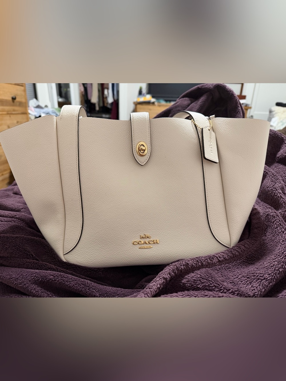 Coach Hadley turnlock tote in chalk pebbled leather with gold hardware